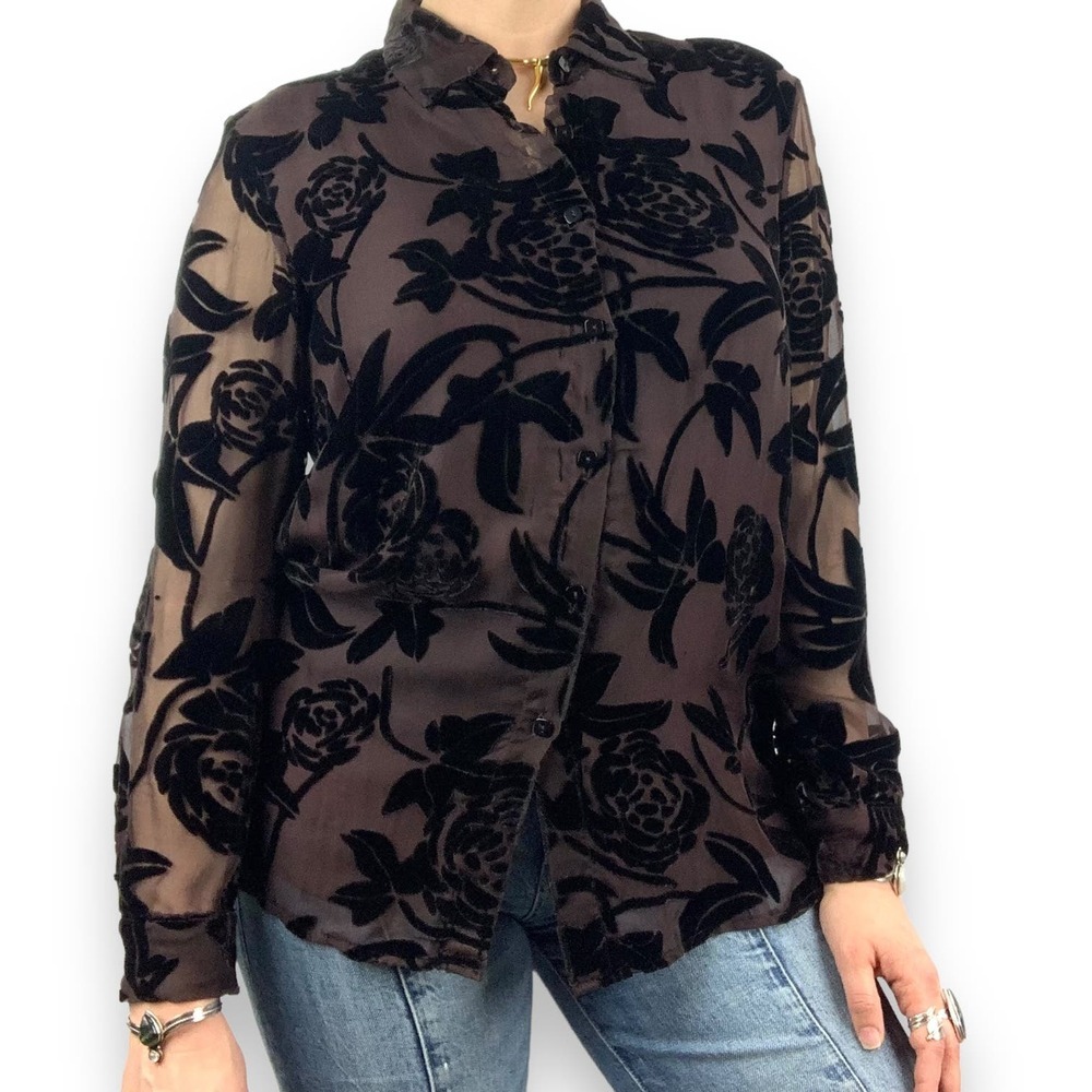 90's brown silk button down blouse with black velvet roses and sheer sleeves - Picture 12 of 16